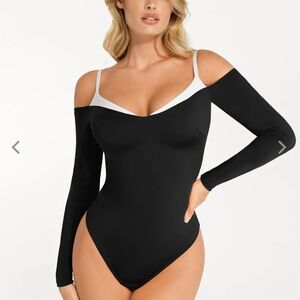 Women's Black and White Off-Shoulder Bodysuit